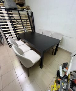 Dining table with 6 chairs: a black, rectangular, extendable wooden table paired with upholstered chairs in a light beige color – an IKEA dining set. - Image 9