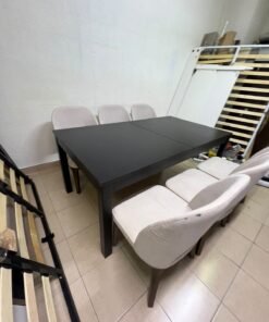 Dining table with 6 chairs: a black, rectangular, extendable wooden table paired with upholstered chairs in a light beige color – an IKEA dining set. - Image 10