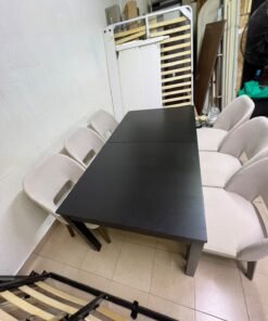 Dining table with 6 chairs: a black, rectangular, extendable wooden table paired with upholstered chairs in a light beige color – an IKEA dining set. - Image 11