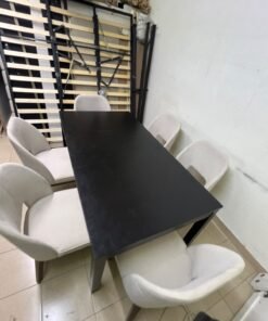 Dining table with 6 chairs: a black, rectangular, extendable wooden table paired with upholstered chairs in a light beige color – an IKEA dining set. - Image 2