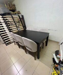 Dining table with 6 chairs: a black, rectangular, extendable wooden table paired with upholstered chairs in a light beige color – an IKEA dining set. - Image 6