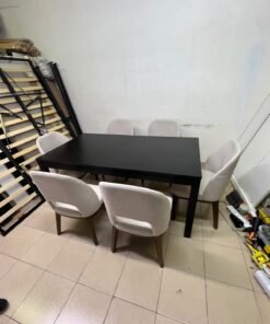 Dining table with 6 chairs: a black, rectangular, extendable wooden table paired with upholstered chairs in a light beige color – an IKEA dining set. - Image 7