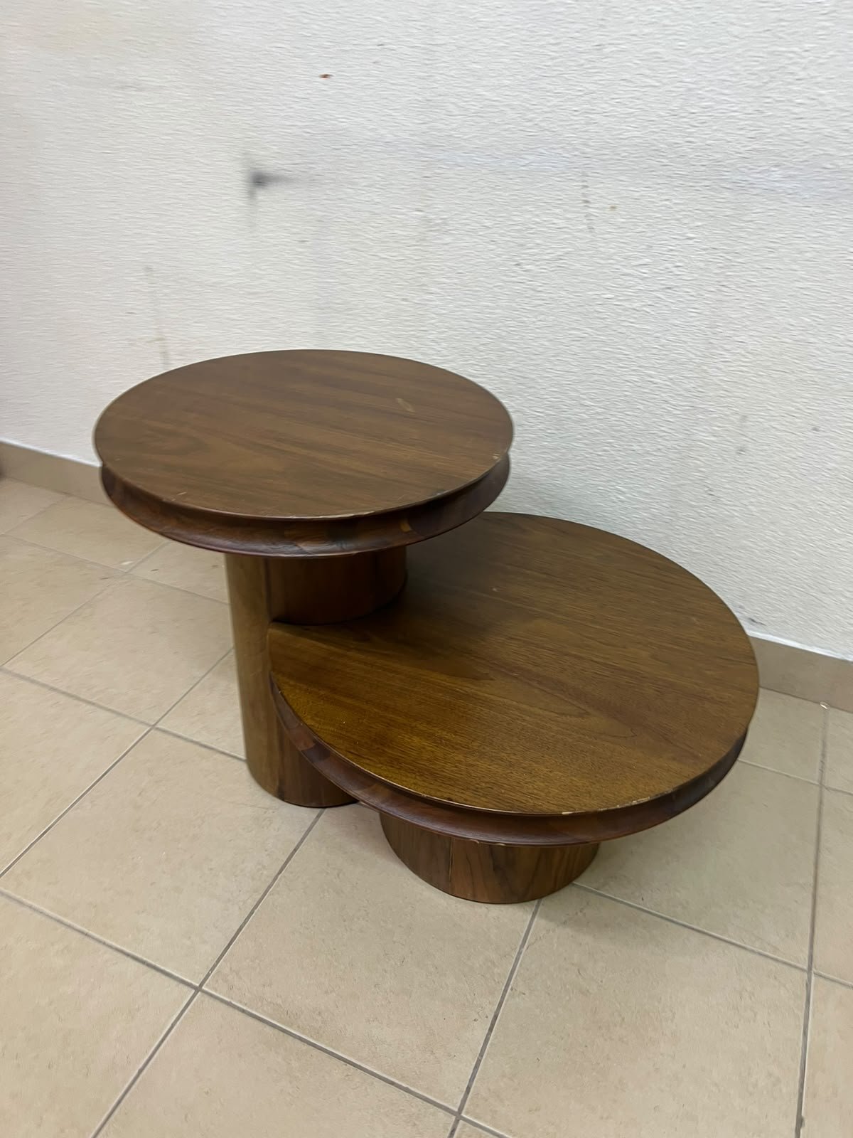 A two-tier side table crafted from natural walnut, featuring a mid-century inspired design—reminiscent of iconic pieces such as the "Oro" table from Crate & Barrel or Scandinavian-style tiered tables. - Image 7