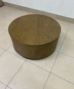 A round, dark oak-colored wooden coffee table, featuring an elegant, modern design with a curved storage drawer equipped with concealed or recessed handles. - Image 5