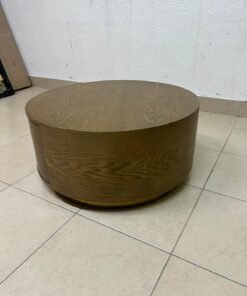 A round, dark oak-colored wooden coffee table, featuring an elegant, modern design with a curved storage drawer equipped with concealed or recessed handles. - Image 7