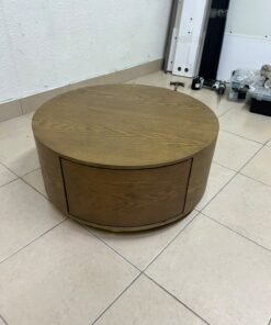 A round, dark oak-colored wooden coffee table, featuring an elegant, modern design with a curved storage drawer equipped with concealed or recessed handles. - Image 8