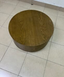A round, dark oak-colored wooden coffee table, featuring an elegant, modern design with a curved storage drawer equipped with concealed or recessed handles. - Image 2