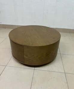 A round, dark oak-colored wooden coffee table, featuring an elegant, modern design with a curved storage drawer equipped with concealed or recessed handles. - Image 3