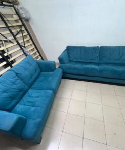 A velvet sofa set in a teal (blue-green) color, consisting of a two-seater sofa and a larger three-seater sofa. - Image 2