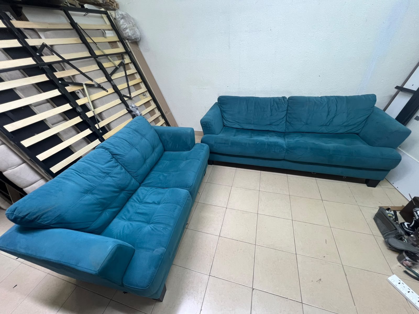 A velvet sofa set in a teal (blue-green) color, consisting of a two-seater sofa and a larger three-seater sofa. - Image 2