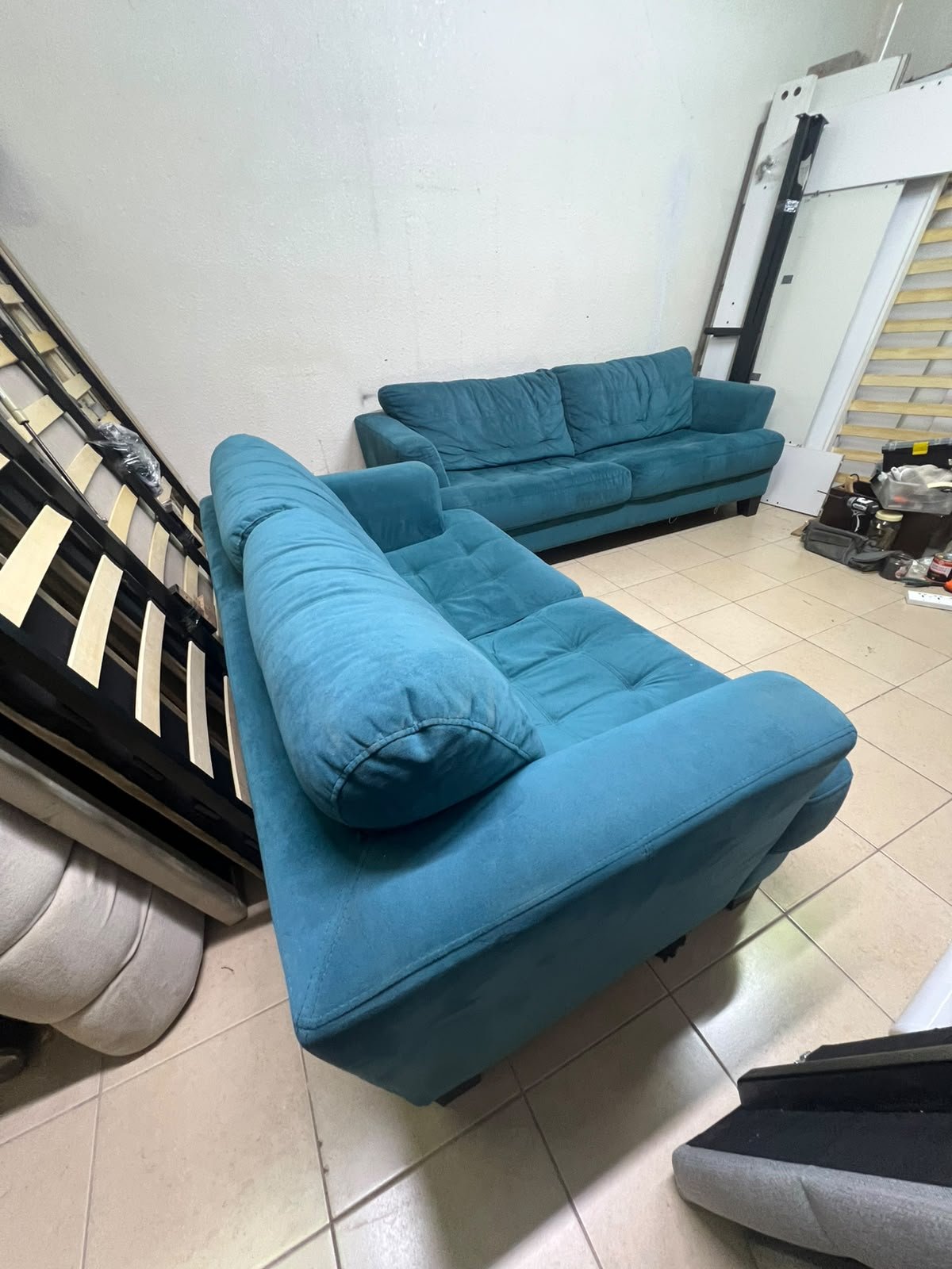 A velvet sofa set in a teal (blue-green) color, consisting of a two-seater sofa and a larger three-seater sofa. - Image 3
