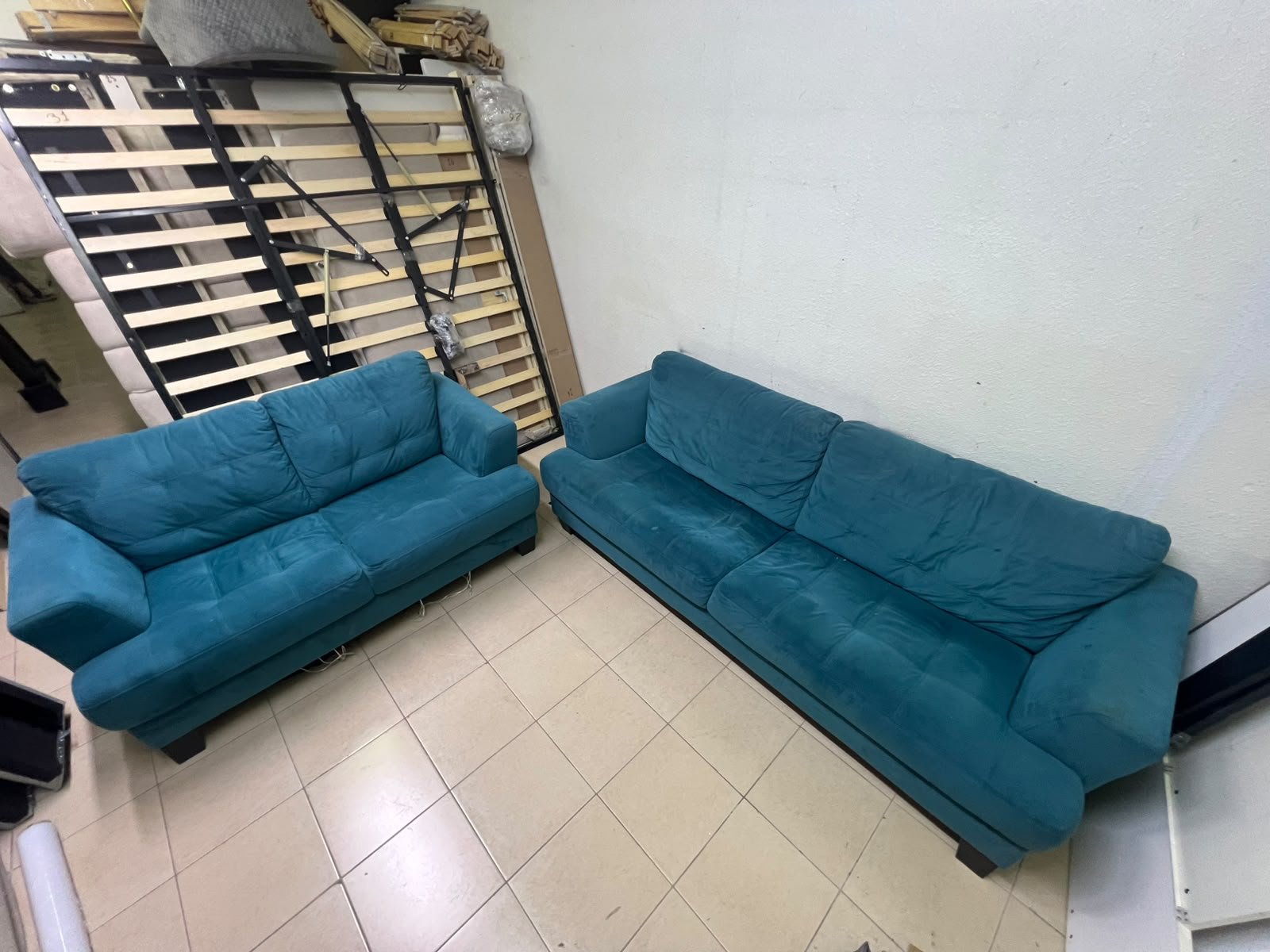 A velvet sofa set in a teal (blue-green) color, consisting of a two-seater sofa and a larger three-seater sofa. - Image 4