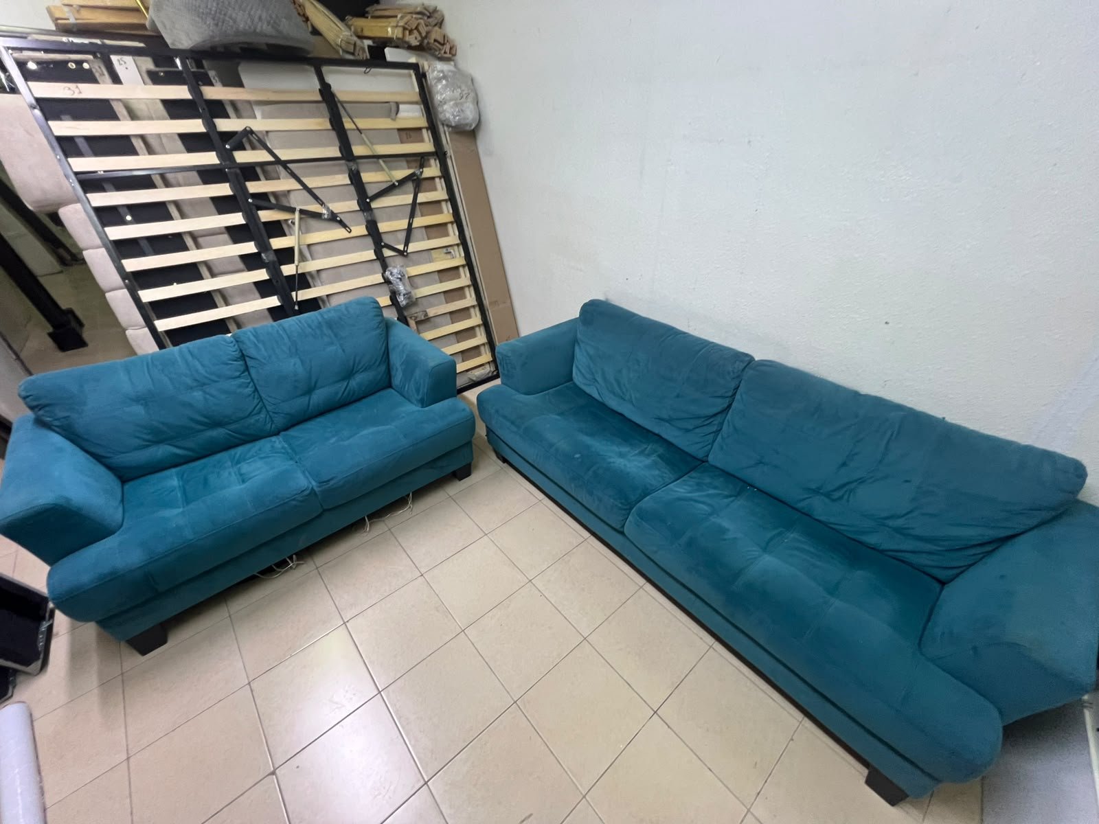 A velvet sofa set in a teal (blue-green) color, consisting of a two-seater sofa and a larger three-seater sofa. - Image 5