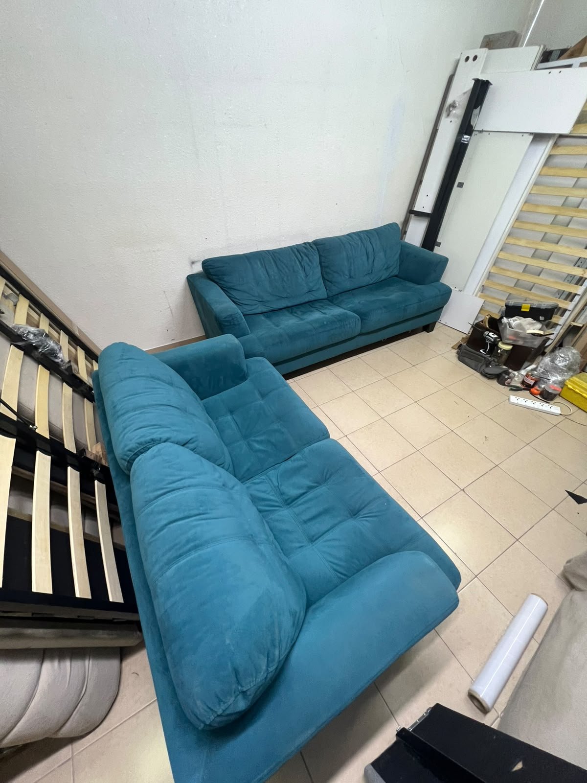 A velvet sofa set in a teal (blue-green) color, consisting of a two-seater sofa and a larger three-seater sofa. - Image 6