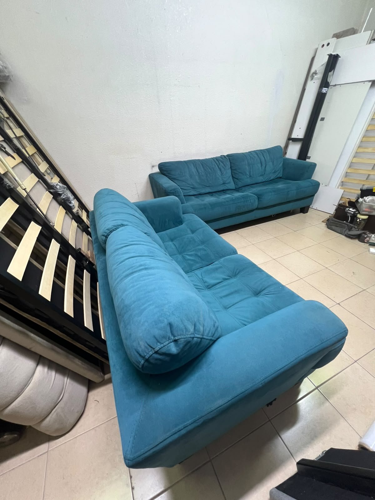 A velvet sofa set in a teal (blue-green) color, consisting of a two-seater sofa and a larger three-seater sofa. - Image 7