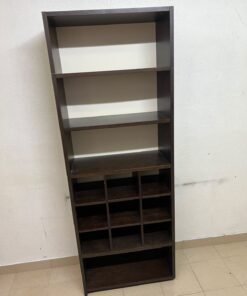 A tall, dark brown (black-brown or wenge-colored) wooden storage unit, featuring open shelves at the top and 12 small compartments (storage squares) in the lower section. - Image 9