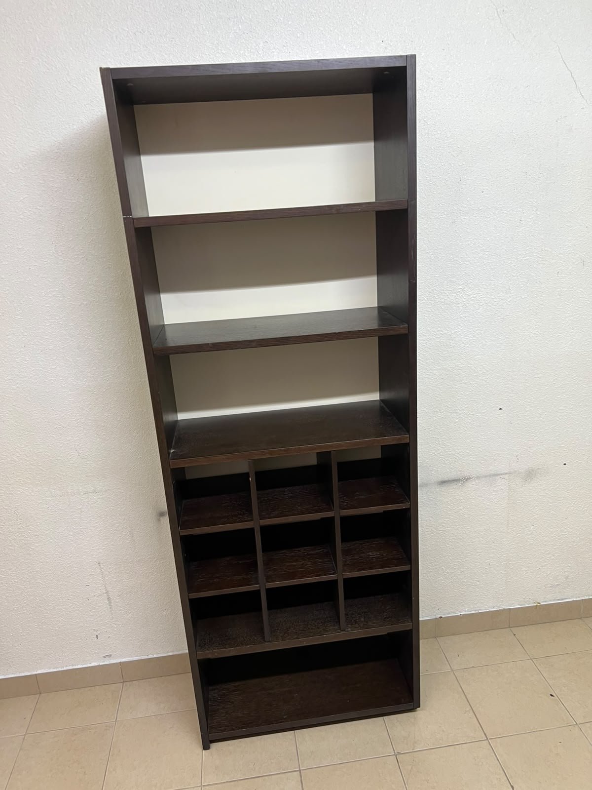 A tall, dark brown (black-brown or wenge-colored) wooden storage unit, featuring open shelves at the top and 12 small compartments (storage squares) in the lower section. - Image 9