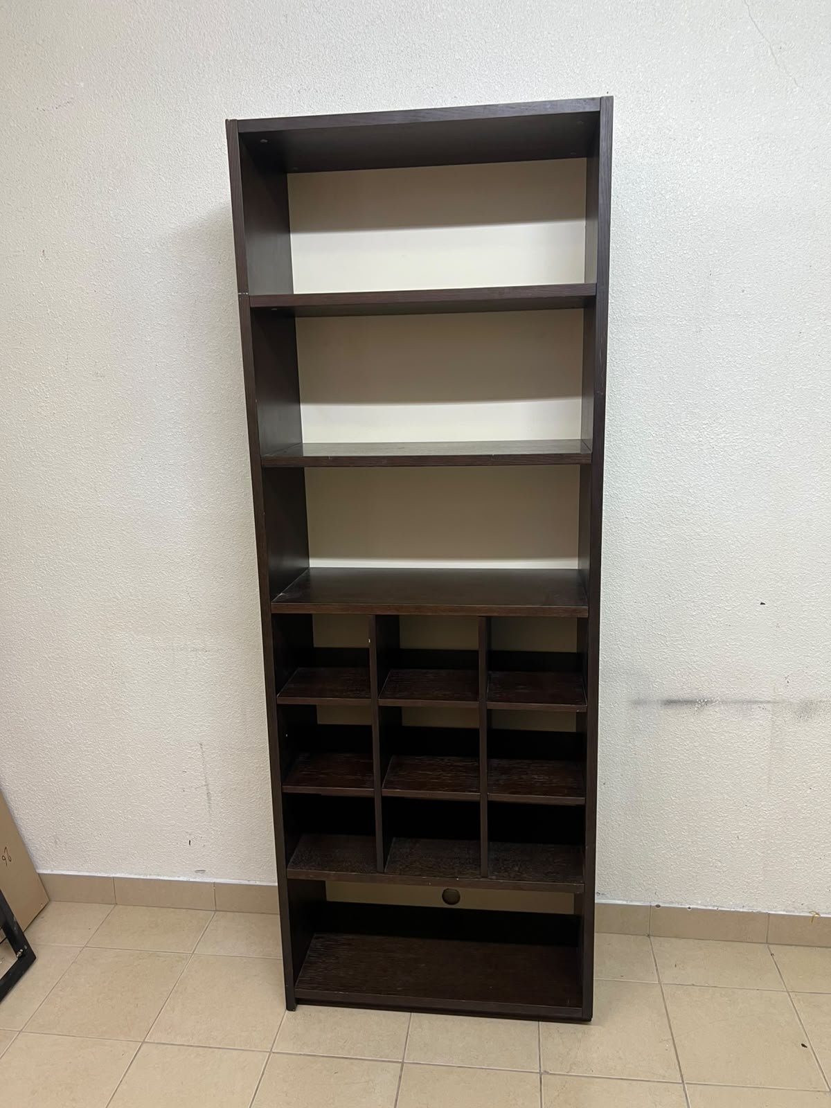 A tall, dark brown (black-brown or wenge-colored) wooden storage unit, featuring open shelves at the top and 12 small compartments (storage squares) in the lower section. - Image 2