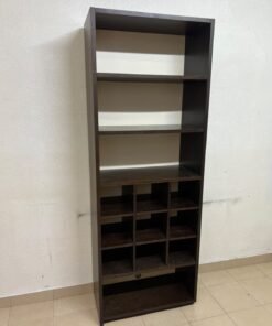 A tall, dark brown (black-brown or wenge-colored) wooden storage unit, featuring open shelves at the top and 12 small compartments (storage squares) in the lower section. - Image 3