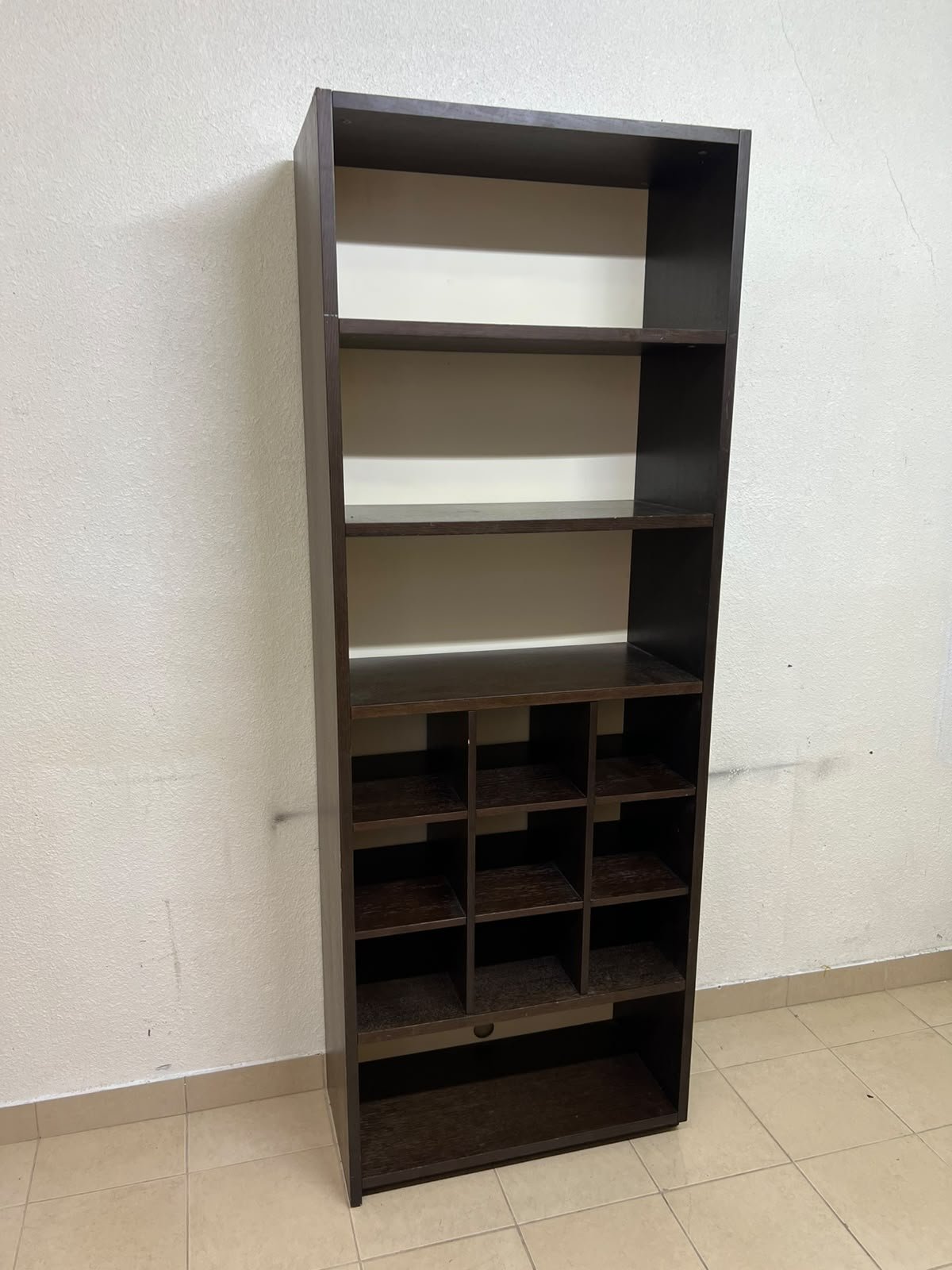 A tall, dark brown (black-brown or wenge-colored) wooden storage unit, featuring open shelves at the top and 12 small compartments (storage squares) in the lower section. - Image 3