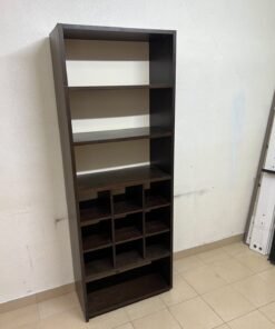 A tall, dark brown (black-brown or wenge-colored) wooden storage unit, featuring open shelves at the top and 12 small compartments (storage squares) in the lower section. - Image 5