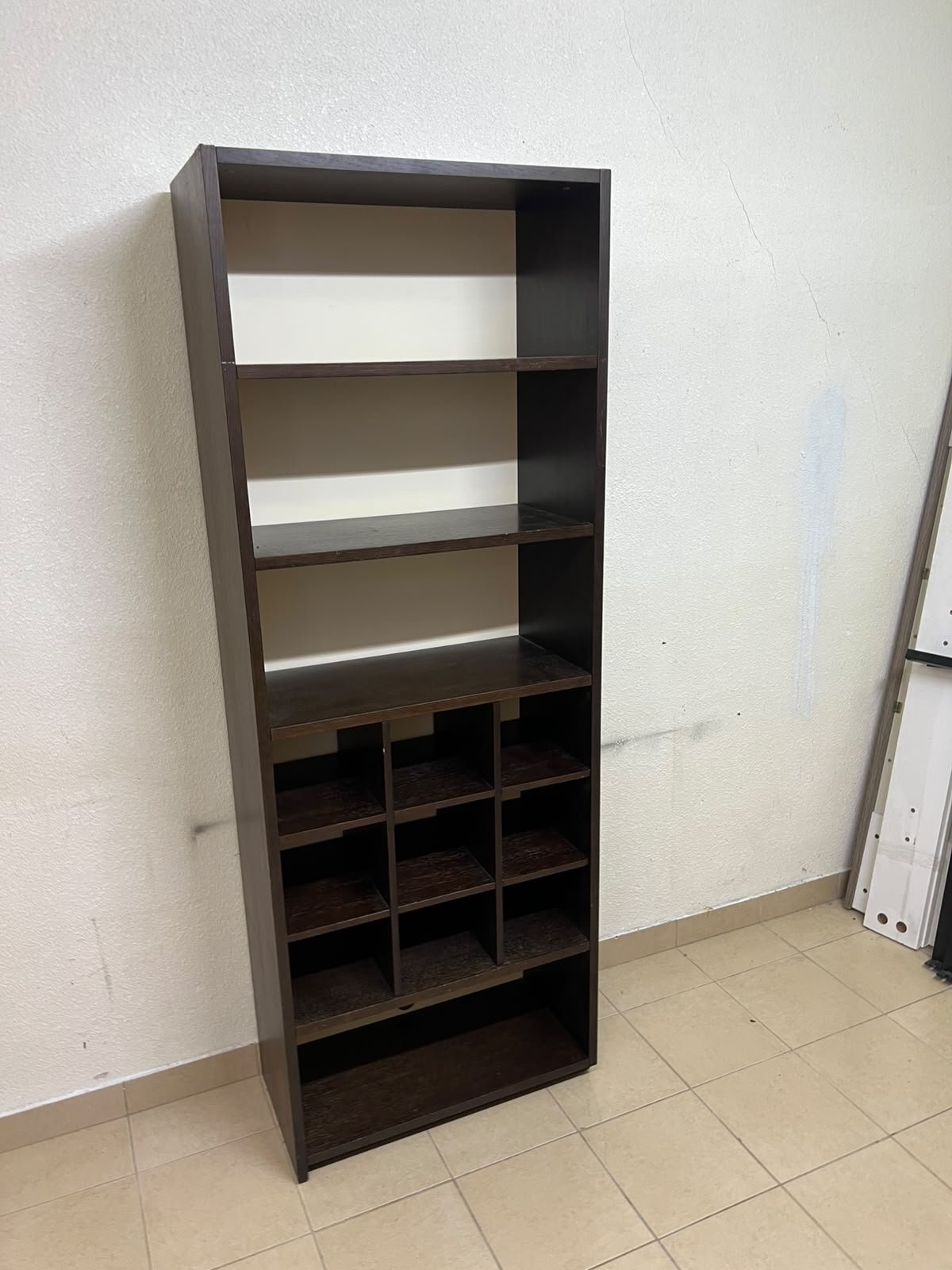 A tall, dark brown (black-brown or wenge-colored) wooden storage unit, featuring open shelves at the top and 12 small compartments (storage squares) in the lower section. - Image 5