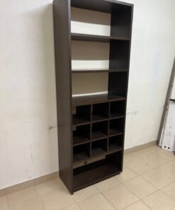 A tall, dark brown (black-brown or wenge-colored) wooden storage unit, featuring open shelves at the top and 12 small compartments (storage squares) in the lower section. - Image 6
