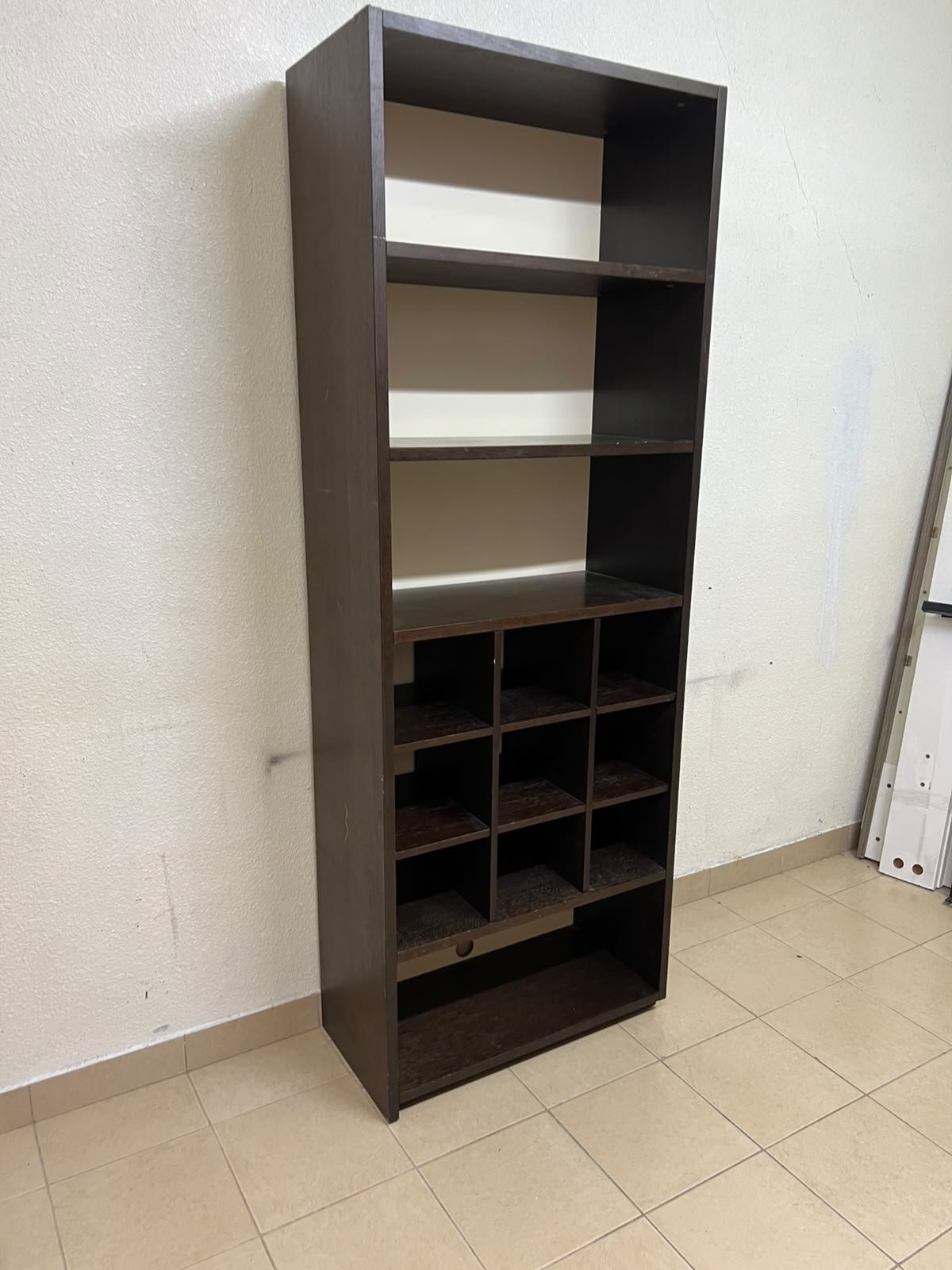 A tall, dark brown (black-brown or wenge-colored) wooden storage unit, featuring open shelves at the top and 12 small compartments (storage squares) in the lower section. - Image 6