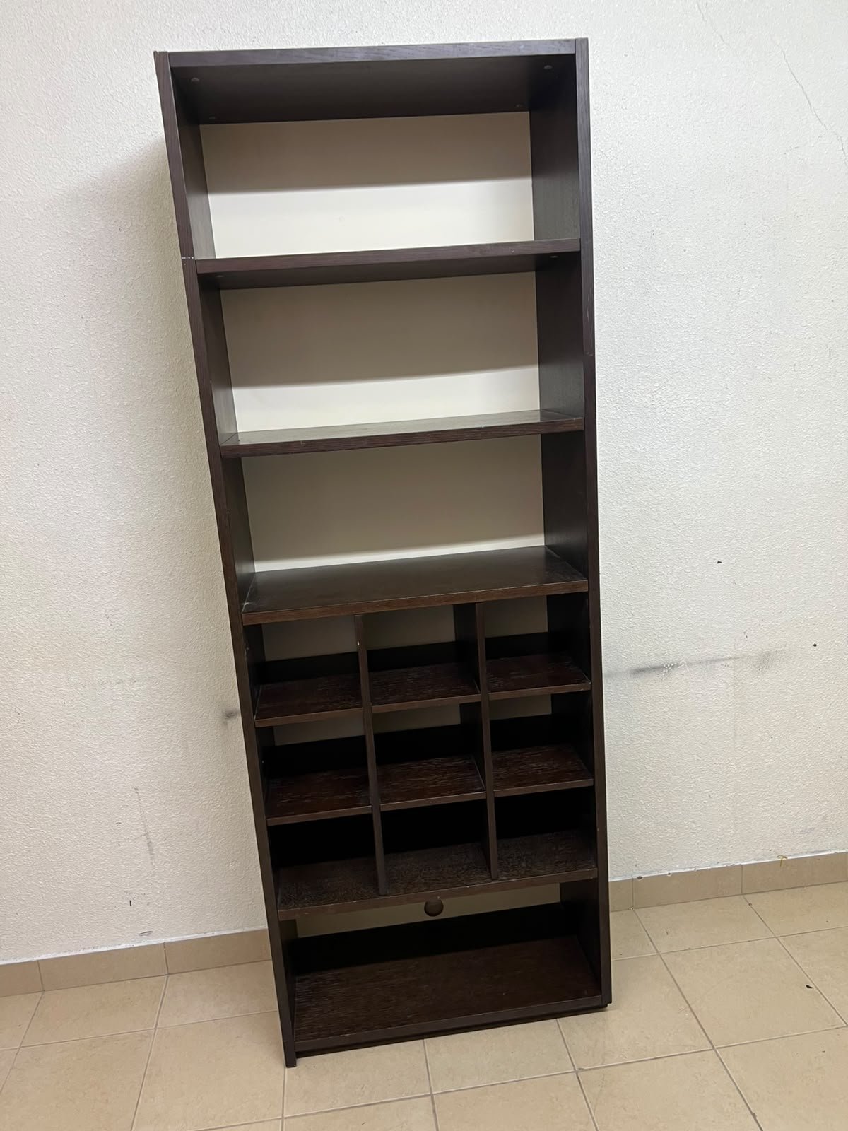 A tall, dark brown (black-brown or wenge-colored) wooden storage unit, featuring open shelves at the top and 12 small compartments (storage squares) in the lower section. - Image 7