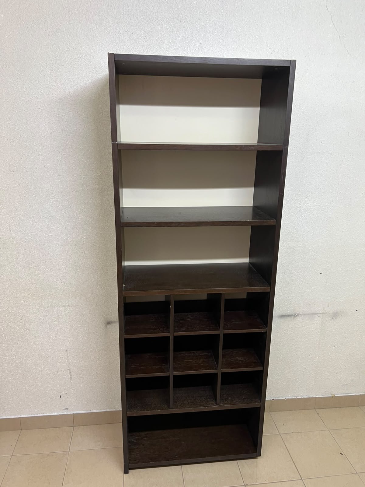A tall, dark brown (black-brown or wenge-colored) wooden storage unit, featuring open shelves at the top and 12 small compartments (storage squares) in the lower section. - Image 8