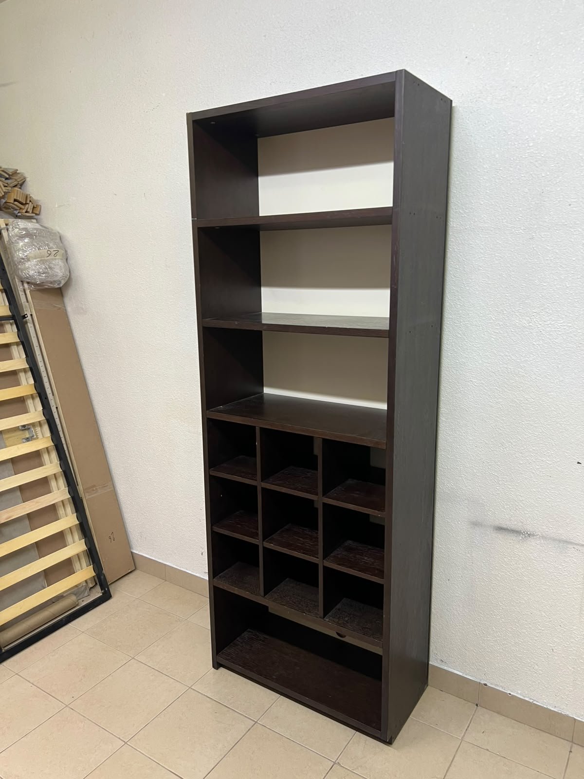A tall, dark brown (black-brown or wenge-colored) wooden storage unit, featuring open shelves at the top and 12 small compartments (storage squares) in the lower section. - Image 10
