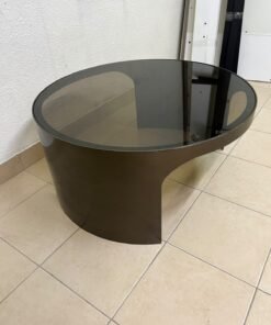 A round coffee table featuring a curved base in a bronze or metallic brown finish, topped with a smoked (tempered) glass surface. - Image 5