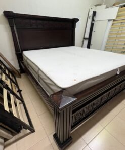 Large, classic double bed (king-size) with mattress, crafted from dark wood and featuring a headboard and footboard adorned with square-patterned detailing. - Image 9