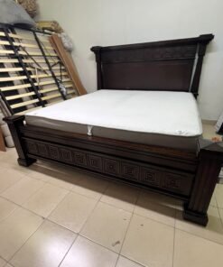Large, classic double bed (king-size) with mattress, crafted from dark wood and featuring a headboard and footboard adorned with square-patterned detailing. - Image 6