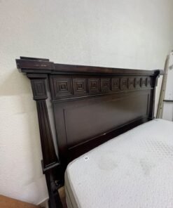 Large, classic double bed (king-size) with mattress, crafted from dark wood and featuring a headboard and footboard adorned with square-patterned detailing. - Image 7