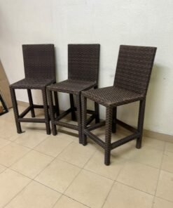 High bar stools made of synthetic rattan (with a woven waist design) in a dark brown color, featuring a high backrest. - Image 2
