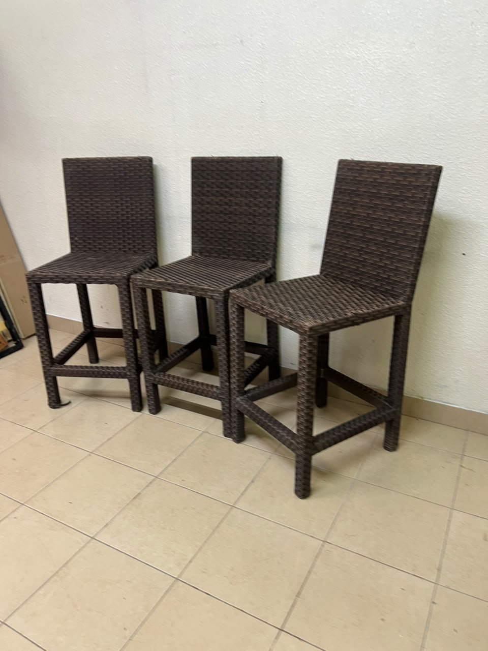 High bar stools made of synthetic rattan (with a woven waist design) in a dark brown color, featuring a high backrest. - Image 2