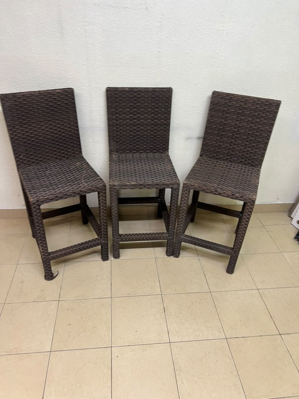 High bar stools made of synthetic rattan (with a woven waist design) in a dark brown color, featuring a high backrest. - Image 3