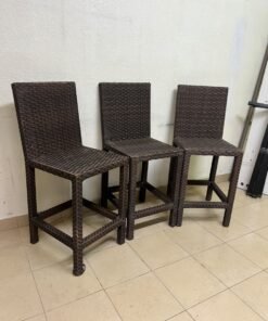 High bar stools made of synthetic rattan (with a woven waist design) in a dark brown color, featuring a high backrest. - Image 4