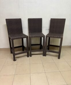 High bar stools made of synthetic rattan (with a woven waist design) in a dark brown color, featuring a high backrest.