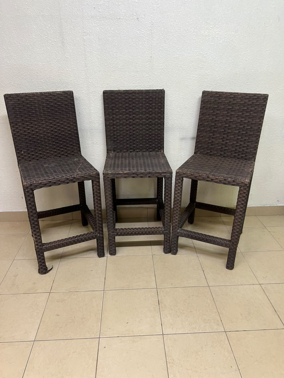 High bar stools made of synthetic rattan (with a woven waist design) in a dark brown color, featuring a high backrest. - Image 6