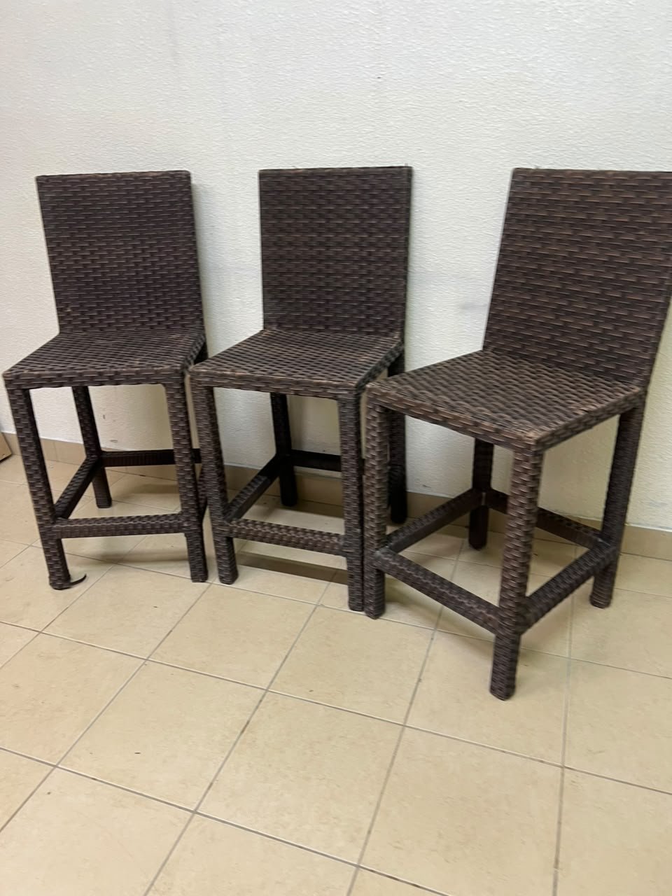 High bar stools made of synthetic rattan (with a woven waist design) in a dark brown color, featuring a high backrest. - Image 7
