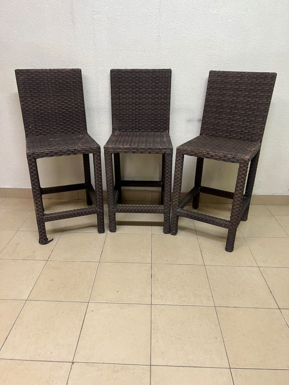 High bar stools made of synthetic rattan (with a woven waist design) in a dark brown color, featuring a high backrest. - Image 8