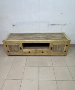 The TV stand shown in the image—a "Band TV" unit—is crafted from natural wood and features an industrial-style design. It includes two side doors, an open shelf in the center, and two small drawers at the bottom. - Image 8