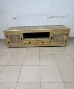 The TV stand shown in the image—a "Band TV" unit—is crafted from natural wood and features an industrial-style design. It includes two side doors, an open shelf in the center, and two small drawers at the bottom. - Image 12