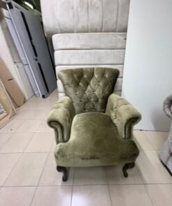 Classic Chesterfield-style furniture upholstered in velvet, featuring a long grey or silver sofa with a button-tufted backrest, accompanied by a matching armchair (fauteuil) in a dark green or olive shade, sharing the same plush, classic design. - Image 5
