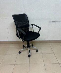 A black office chair featuring a comfortable mesh back, a chrome metal base with casters, armrests, and adjustable height.