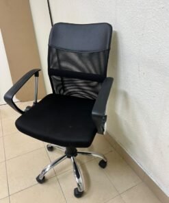 A black office chair featuring a comfortable mesh back, a chrome metal base with casters, armrests, and adjustable height. - Image 7