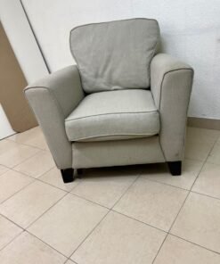 A single-seater fabric armchair in beige or light gray, featuring a separate seat cushion and back cushion, along with small black legs. - Image 7