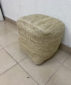 A square-shaped pouf made from braided natural jute fibers.